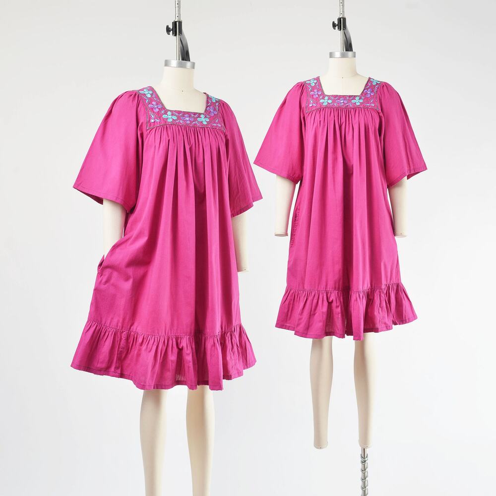 Vintage 80s Purple Cotton Boho Embroidered Mini Tent Dress with Pockets S